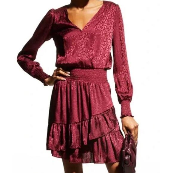 MICHAEL KORS NWT Julia Faux Wrap Ruffle Hem Mini Dress Size XS Dark Ruby Cheetah - Picture 1 of 9